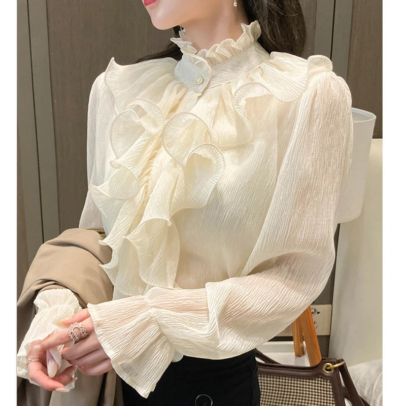 The Versailles Ruffled Chiffon Blouse | Stand Collar Lace Puff Sleeve | French Vintage Shirt | Parisian Princess