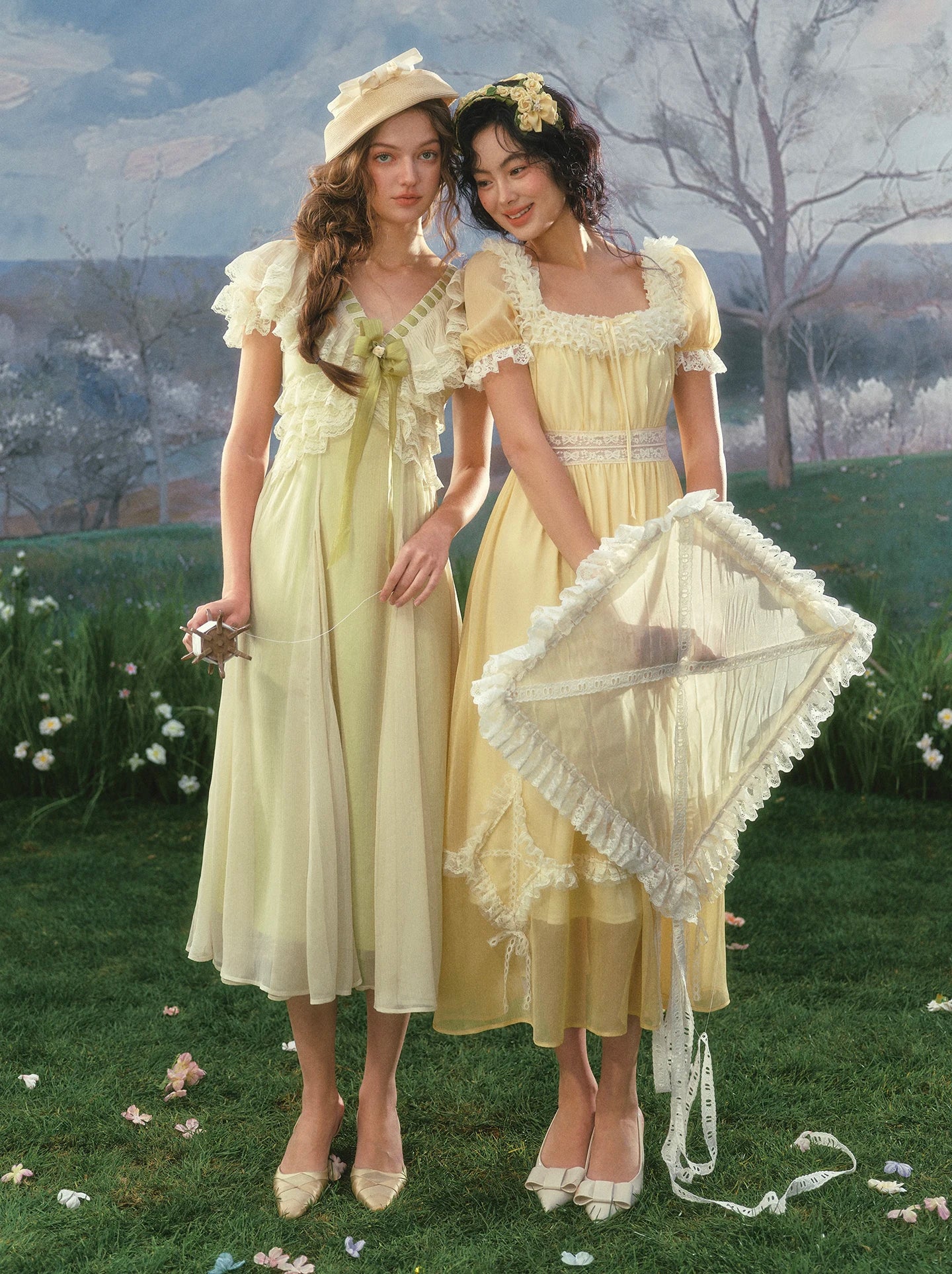 The Provence Lemon Lace Gown | Bubble Sleeve Countryside Midi | Waist-Cinching Princess Dress | Parisian Princess