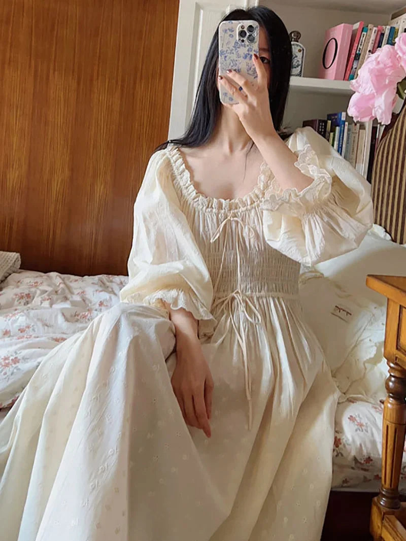 Cotton Embroidery French Languid U-Neck Ruffles Princess Nightgown Lace-up Vintage Fairy Night Dress Spring Pajamas Sleepwear