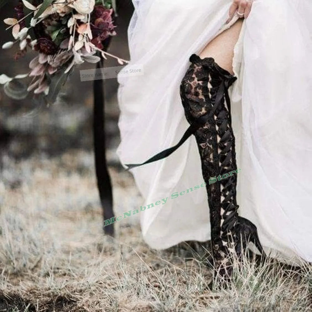 Le Queen Lace Lace-Up Mesh Stiletto | Hollow Pointed Toe Knee-High Boot | Summer Party Heels | Parisian Princess