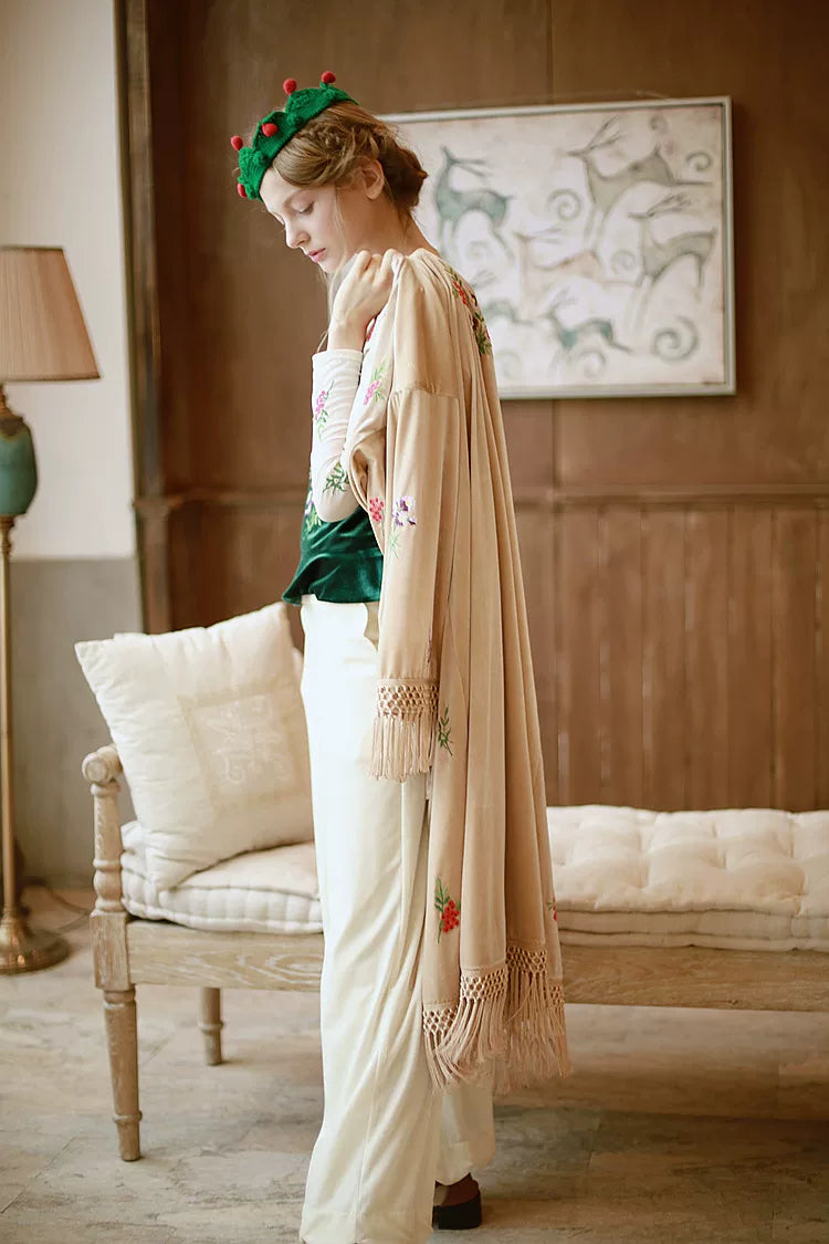 The Botanical Velour Robe | Embroidered Flowers & Fruits Trench | French Camel Tassel Duster | Parisian Princess
