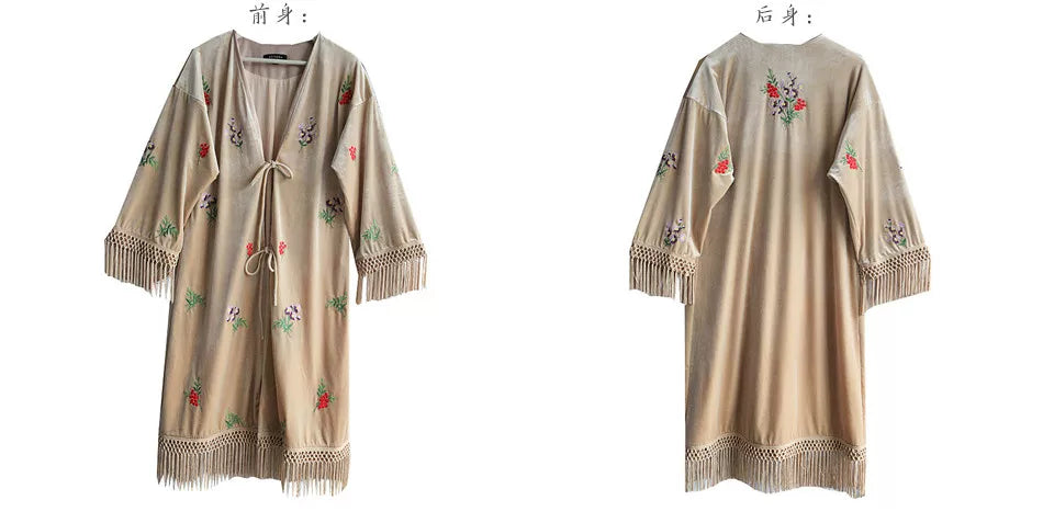 The Botanical Velour Robe | Embroidered Flowers & Fruits Trench | French Camel Tassel Duster | Parisian Princess