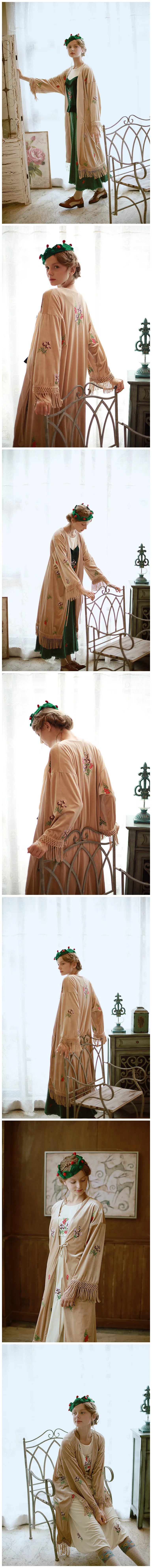 The Botanical Velour Robe | Embroidered Flowers & Fruits Trench | French Camel Tassel Duster | Parisian Princess