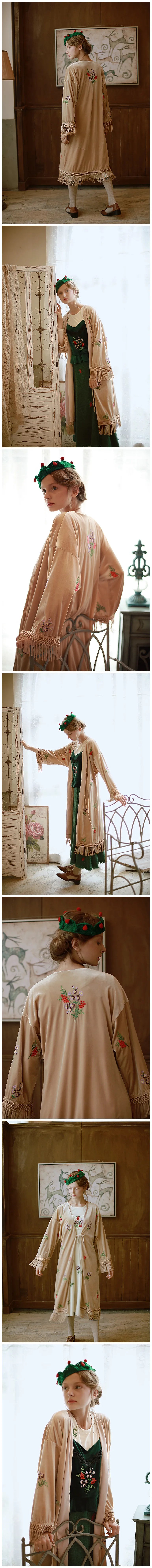 The Botanical Velour Robe | Embroidered Flowers & Fruits Trench | French Camel Tassel Duster | Parisian Princess