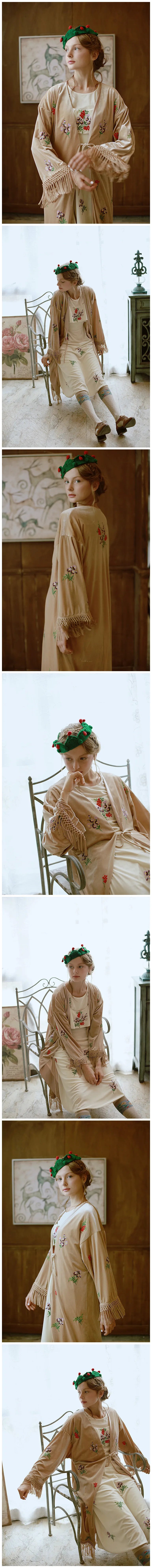 The Botanical Velour Robe | Embroidered Flowers & Fruits Trench | French Camel Tassel Duster | Parisian Princess