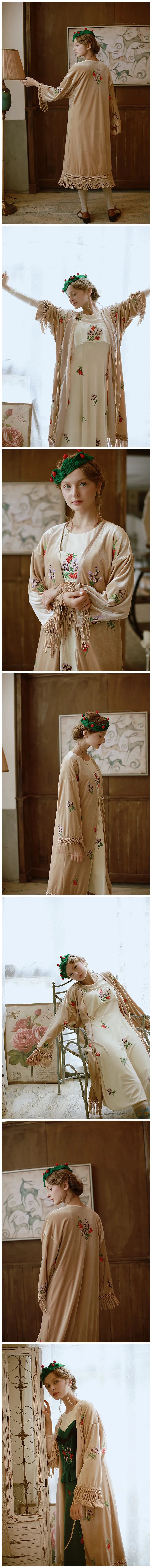 The Botanical Velour Robe | Embroidered Flowers & Fruits Trench | French Camel Tassel Duster | Parisian Princess