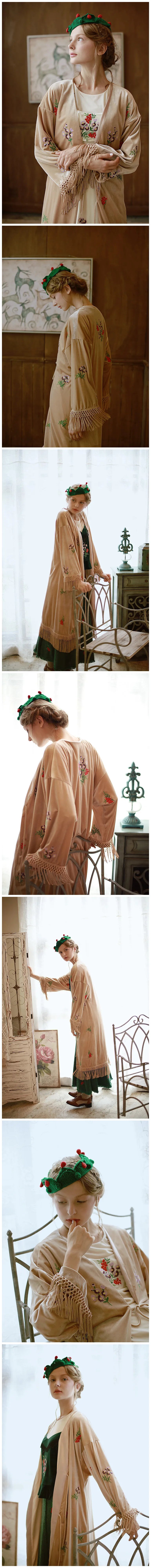 The Botanical Velour Robe | Embroidered Flowers & Fruits Trench | French Camel Tassel Duster | Parisian Princess