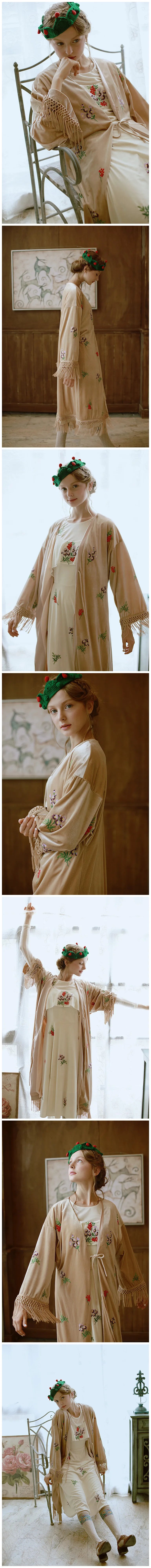 The Botanical Velour Robe | Embroidered Flowers & Fruits Trench | French Camel Tassel Duster | Parisian Princess