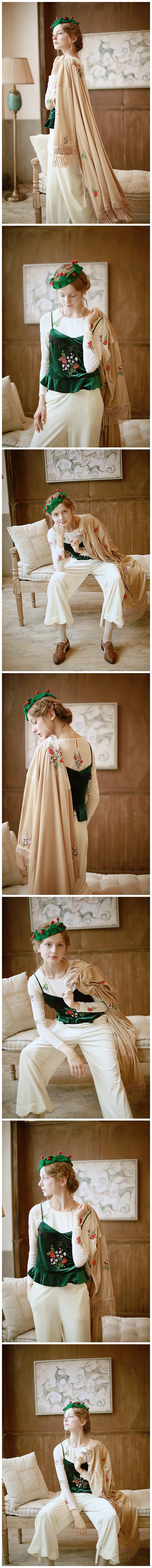 The Botanical Velour Robe | Embroidered Flowers & Fruits Trench | French Camel Tassel Duster | Parisian Princess