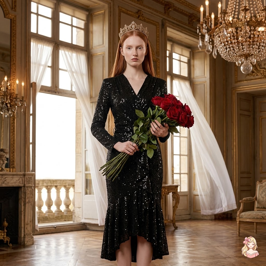 Woman in a black sequin dress holding red roses in an opulent room with chandeliers.