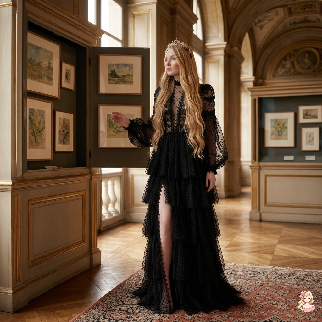 Woman in a black lace dress standing in an elegant room with art on the walls.