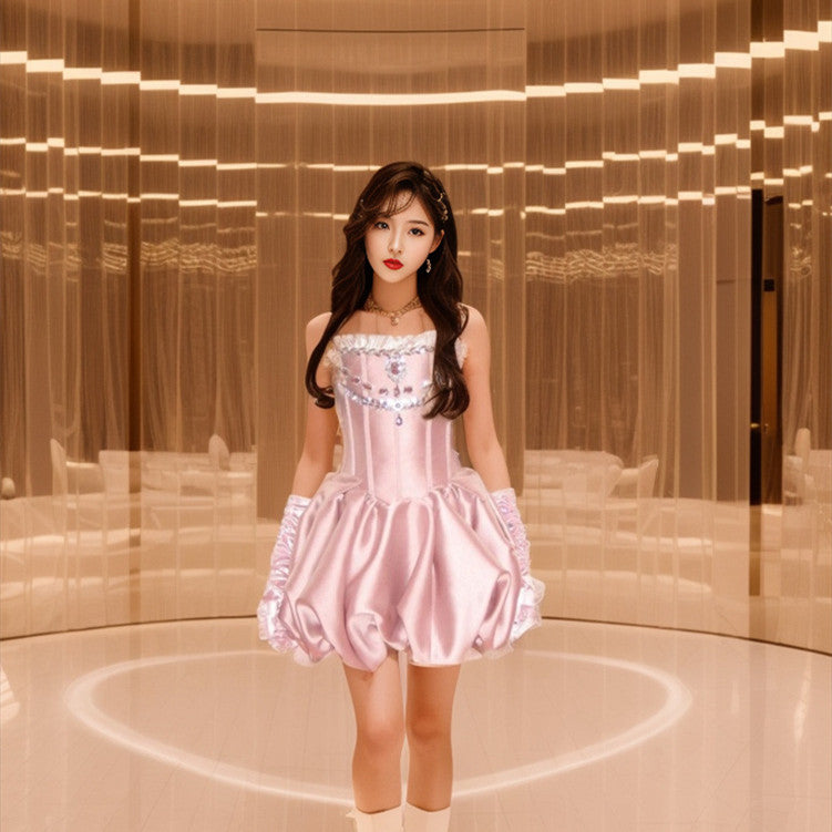 Pink Parisian:  Wooden Ear Chest-wrapped Dress Rhinestone Bud Princess Dress Graceful Formal Dress