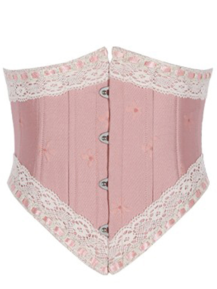 Pink corset with lace trim on a white background
