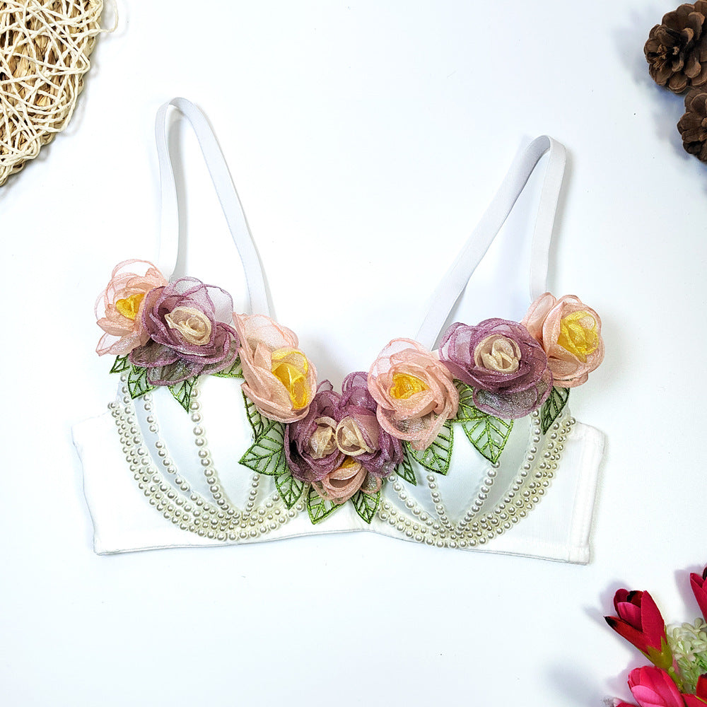 The Trianon 3D Floral Bustier | White Fishbone Corset Top | Bare Back Strappy Crop | Parisian Princess