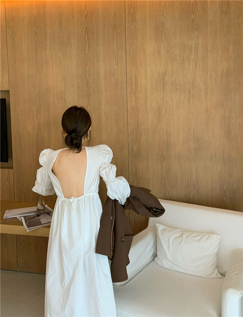 The Trianon Button Gown | French Retro Puff Sleeve Princess Dress | Square Collar High-Waist Mid-Length Maxi | Parisian Princess