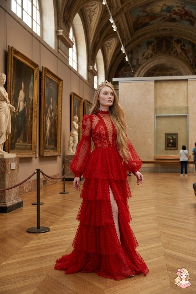 Woman in a red dress standing in an art gallery with paintings and sculptures on the walls.