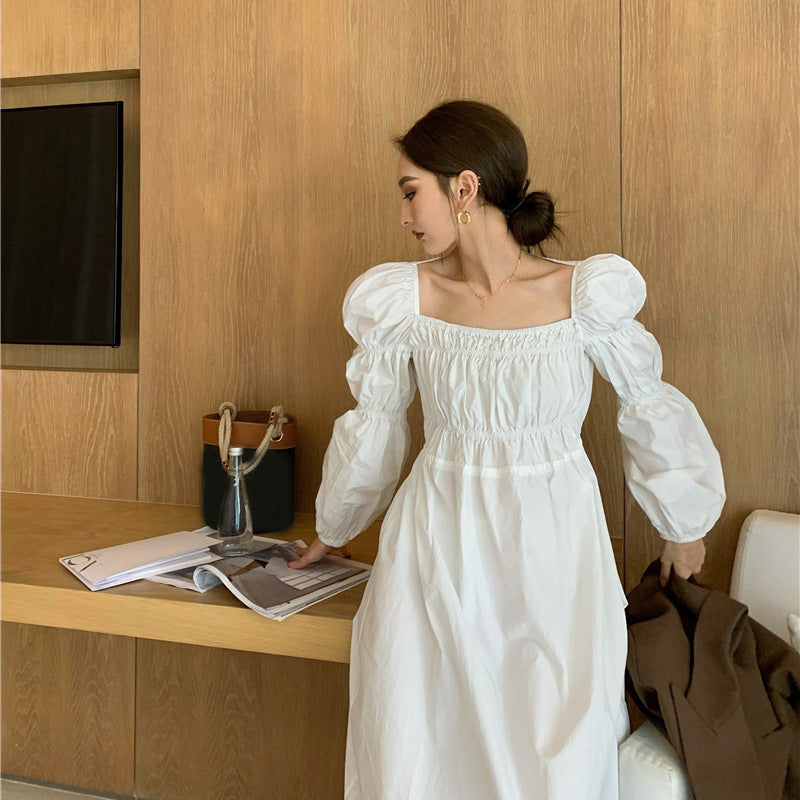 The Trianon Button Gown | French Retro Puff Sleeve Princess Dress | Square Collar High-Waist Mid-Length Maxi | Parisian Princess