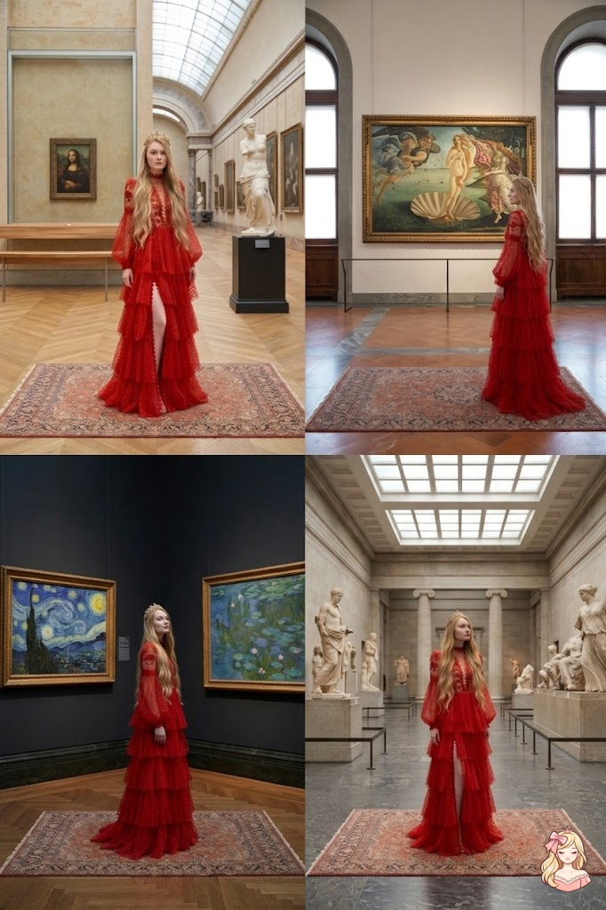 Woman in a red dress standing in various parts of a museum with art and sculptures.