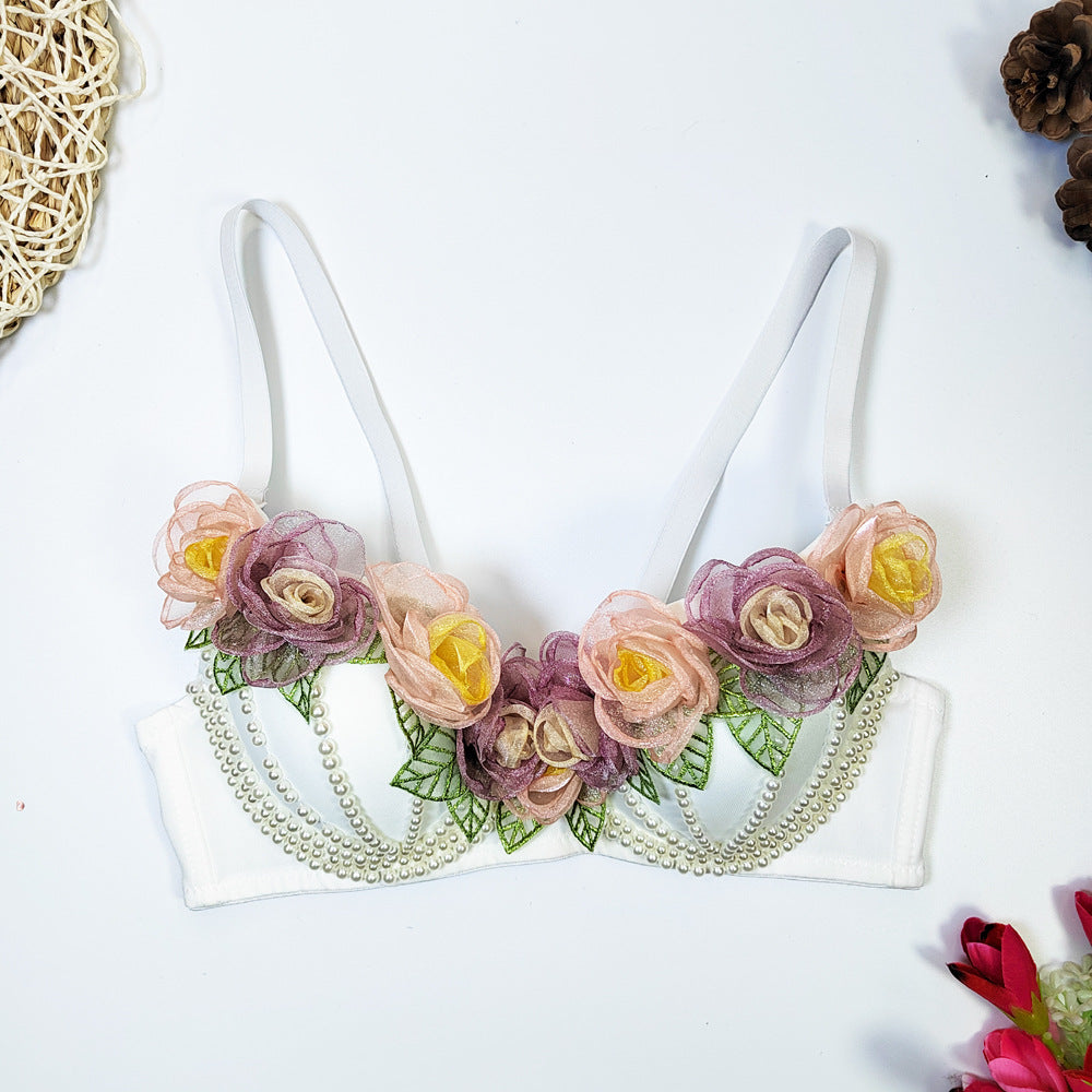 The Trianon 3D Floral Bustier | White Fishbone Corset Top | Bare Back Strappy Crop | Parisian Princess