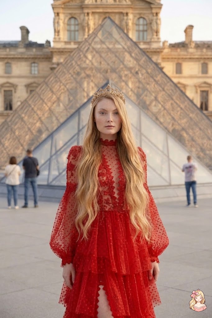 Woman in a red dress standing in front of the Louvre pyramid.