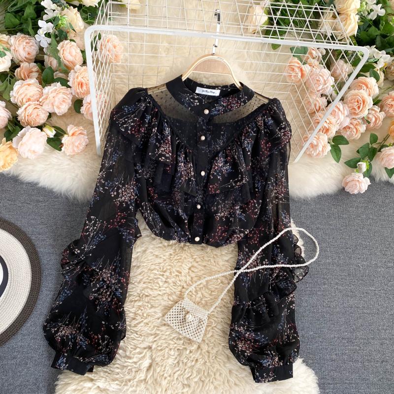 The Petite Palais Gauze Mesh Top | French Stand-Up Collar Puff Sleeve Blouse | Lotus Leaf Stitching Slim Fit Top | Parisian Princess