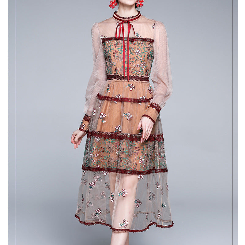 The Palais Embroidery Gown | Women's Mesh Heavy Industry Embroidery Slim Dress | Lady Temperament Floral Midi | Parisian Princess