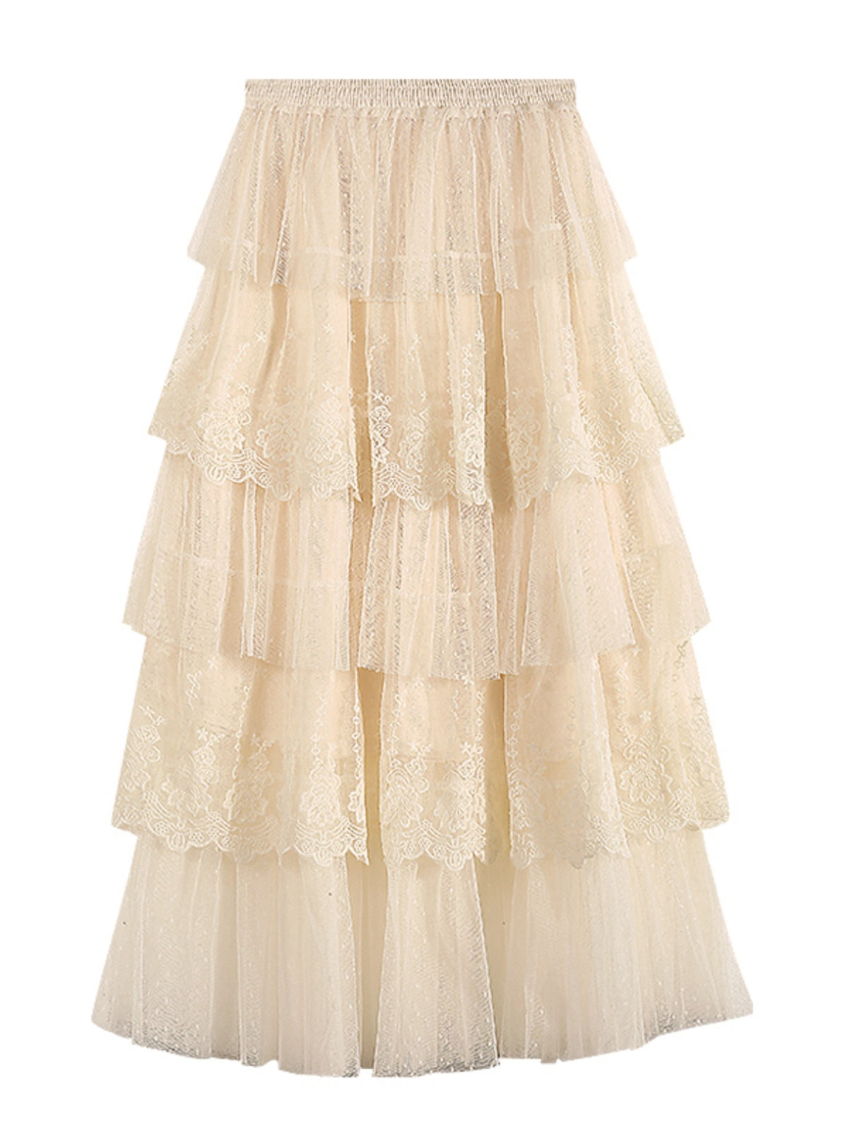 The French Fairy Cake Skirt | Tiered Ruffle Embroidered Lace Mesh | High-Waist A-Line Mid-Length Skirt | Parisian Princess