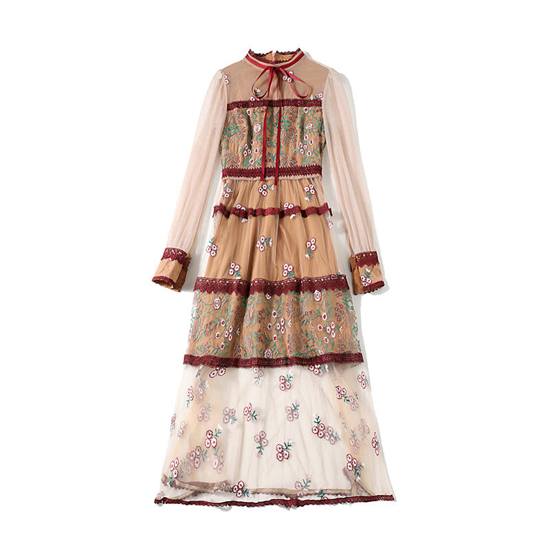 The Palais Embroidery Gown | Women's Mesh Heavy Industry Embroidery Slim Dress | Lady Temperament Floral Midi | Parisian Princess
