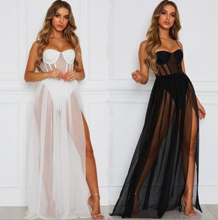 Women's Pure Color Mesh Long Dress