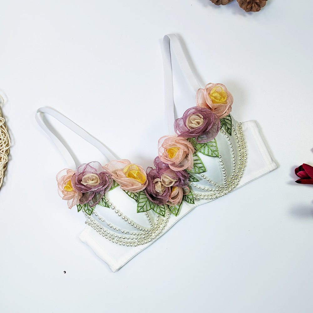 The Trianon 3D Floral Bustier | White Fishbone Corset Top | Bare Back Strappy Crop | Parisian Princess