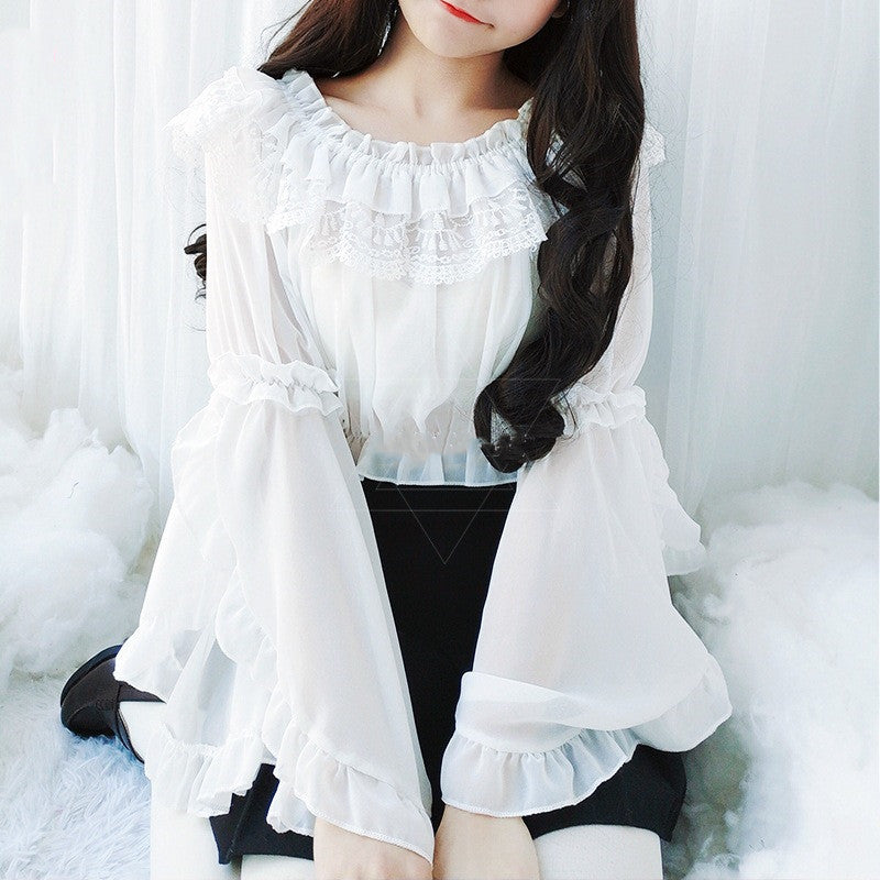 Chiffon Lace Blouse, Short Long-sleeved Lolita Shirt, Lolita Daily Dress With A Soft Girl Bottoming Tube Top