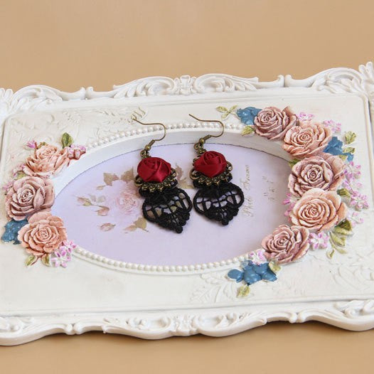 Court Hollow Lace Red Rose Earrings