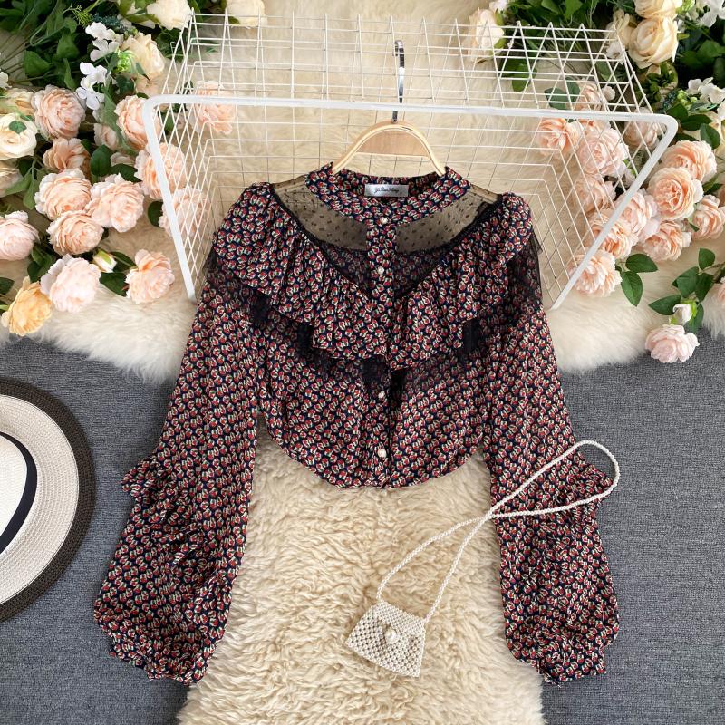 The Petite Palais Gauze Mesh Top | French Stand-Up Collar Puff Sleeve Blouse | Lotus Leaf Stitching Slim Fit Top | Parisian Princess