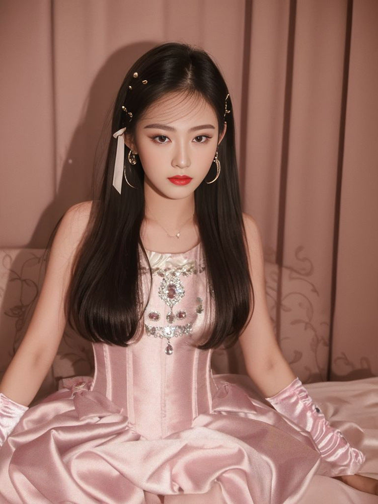 Pink Parisian:  Wooden Ear Chest-wrapped Dress Rhinestone Bud Princess Dress Graceful Formal Dress