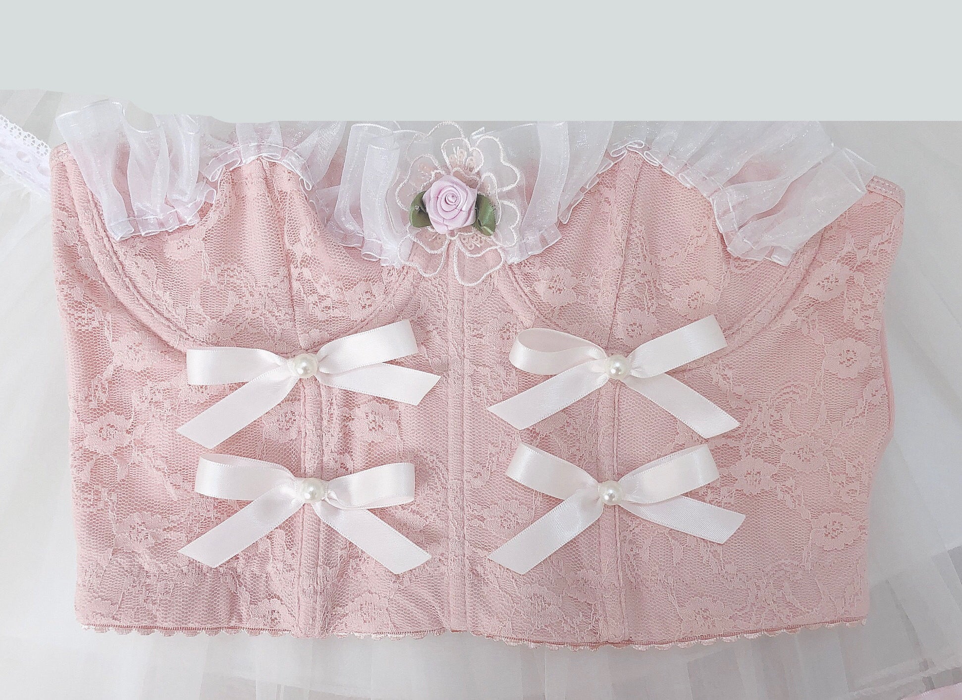 The French Lace Coquette Corset | Pink Bow Mesh Bustier | Sweetheart Ruffle Doll Top & Choker Set | Parisian Princess
