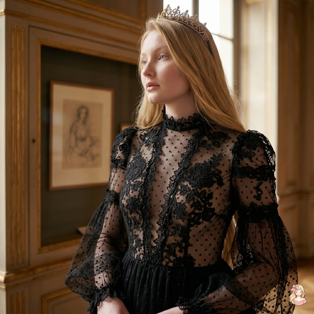 Woman wearing a black lace dress and tiara in an elegant room.
