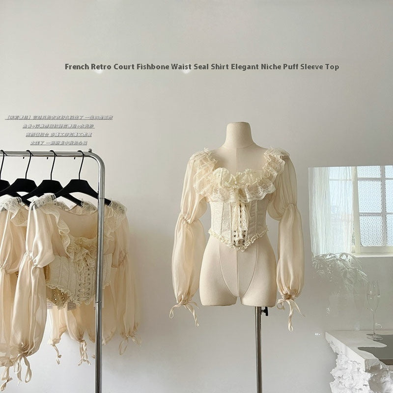 The French Court Waist Seal Blouse | Retro Ruffled Long-Sleeve Top | Parisian Fairy Collection Urban Blouse | Parisian Princess