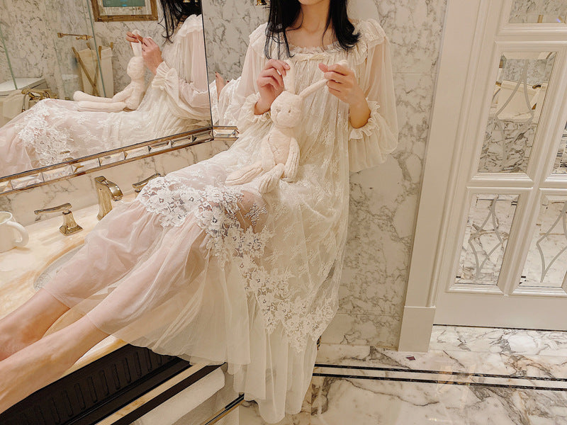 Spring And Autumn French Sexy Lace Sweet Princess Nightdress Pajamas