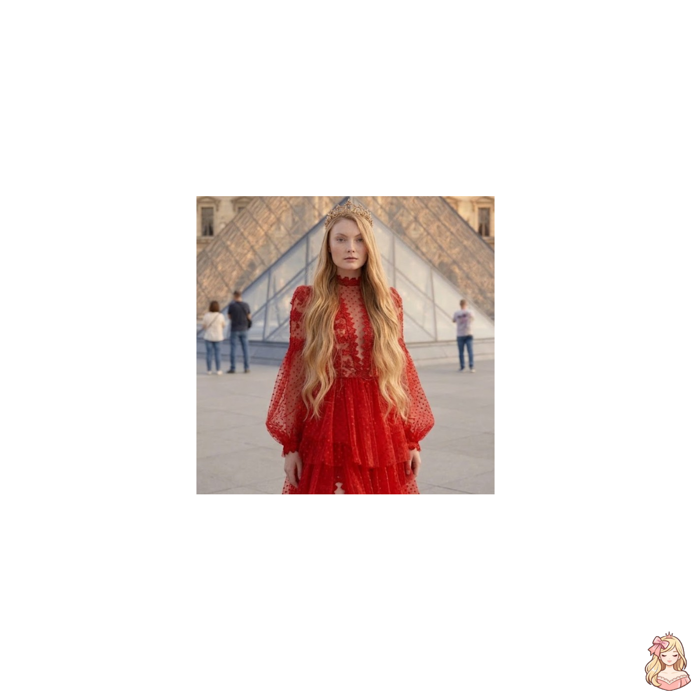 Woman in a red dress standing in front of a building with people in the background