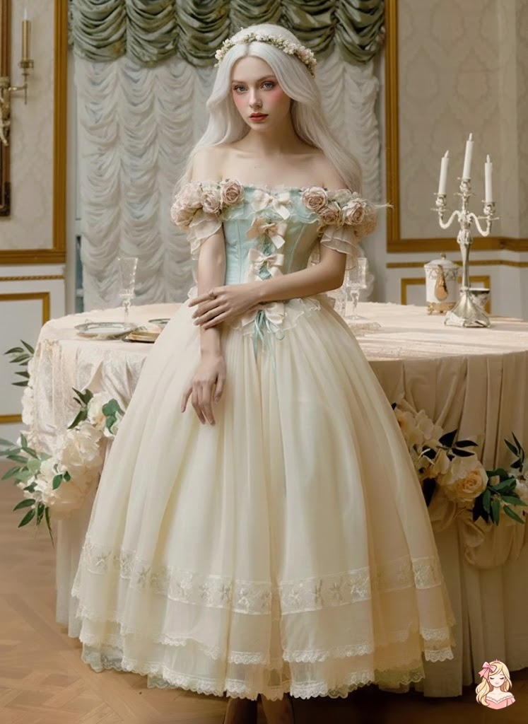 The Roseraie Lolita Gown | 3D Rose Off-Shoulder Maxi | French Princess Mesh Fairy Dress | Parisian Princess