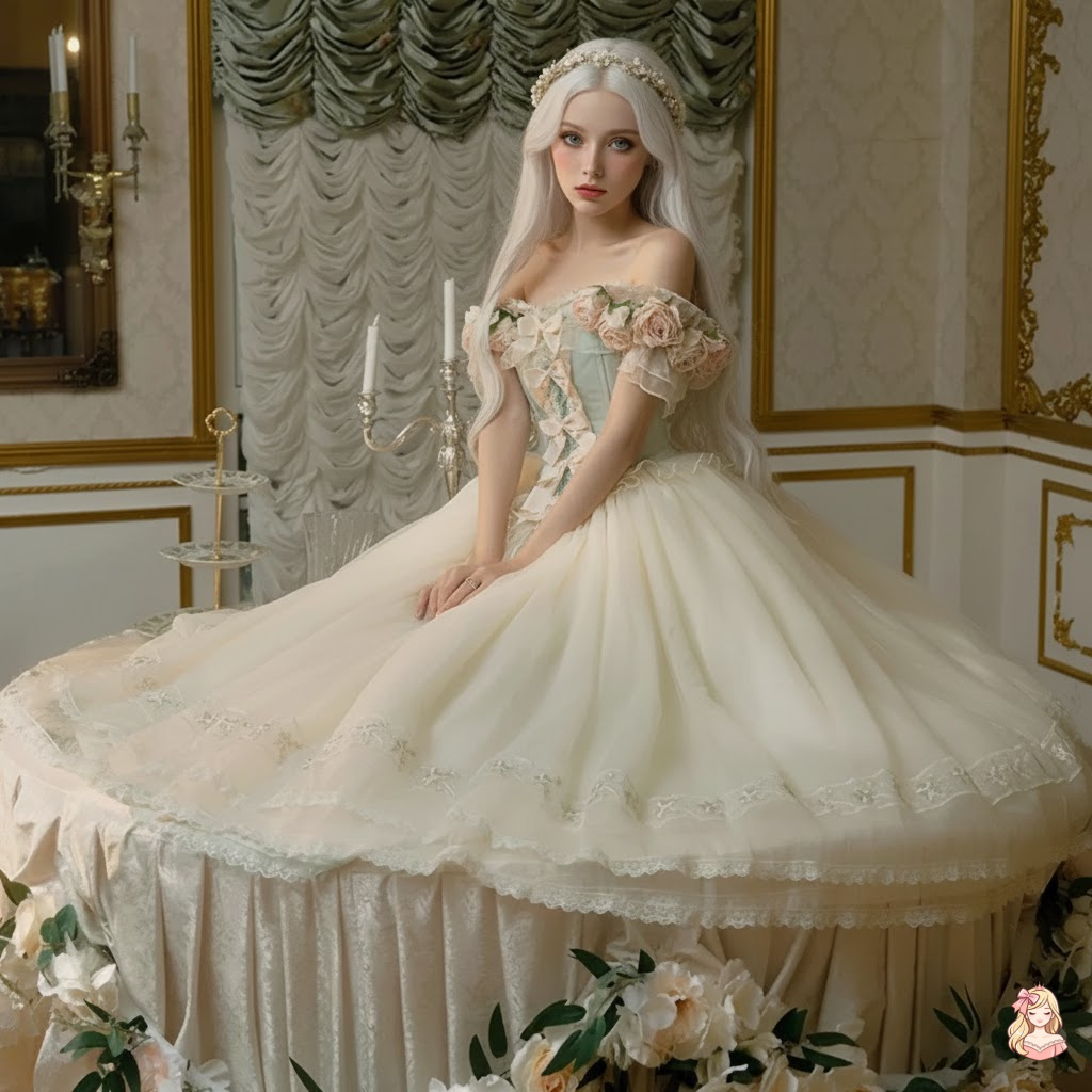 The Roseraie Lolita Gown | 3D Rose Off-Shoulder Maxi | French Princess Mesh Fairy Dress | Parisian Princess