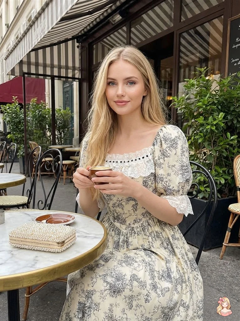 Parisian Botanical Print Long Dress Woman Square Neck Lace Short Puff Sleeves Slim Party Dresses French Cute Birthday Dress