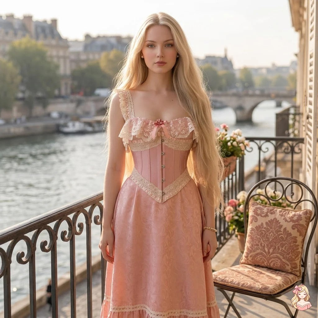 Woman in a vintage-style dress standing on a balcony overlooking a river with a cityscape in the background.