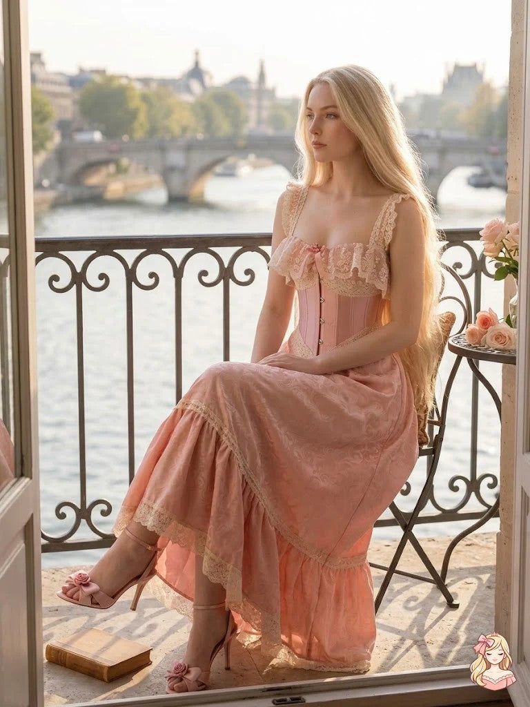 Woman in a pink dress sitting on a balcony with a scenic view of a bridge and water.