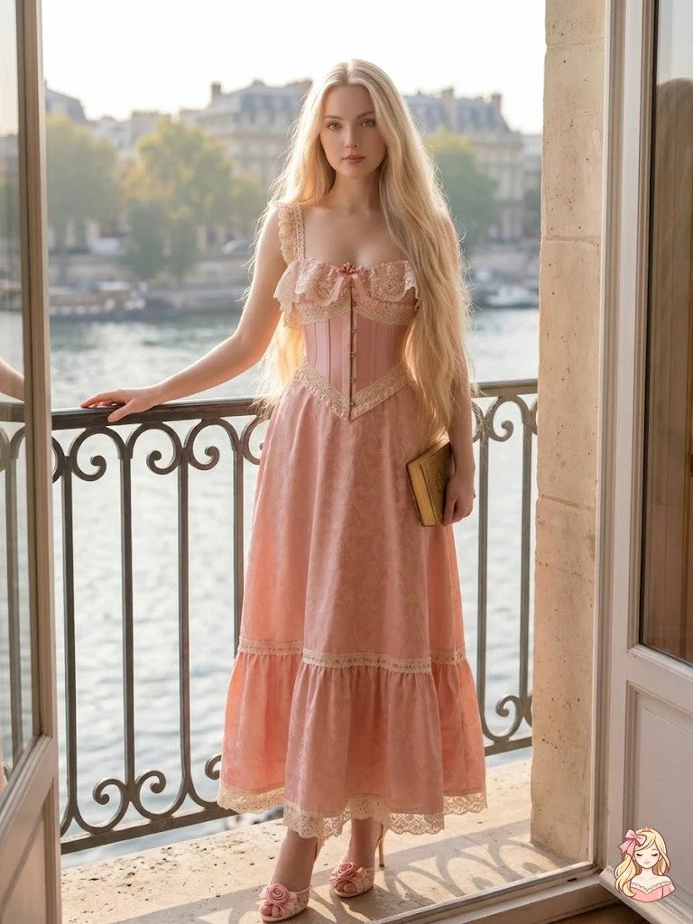Woman in a pink dress standing on a balcony with a cityscape and river view.