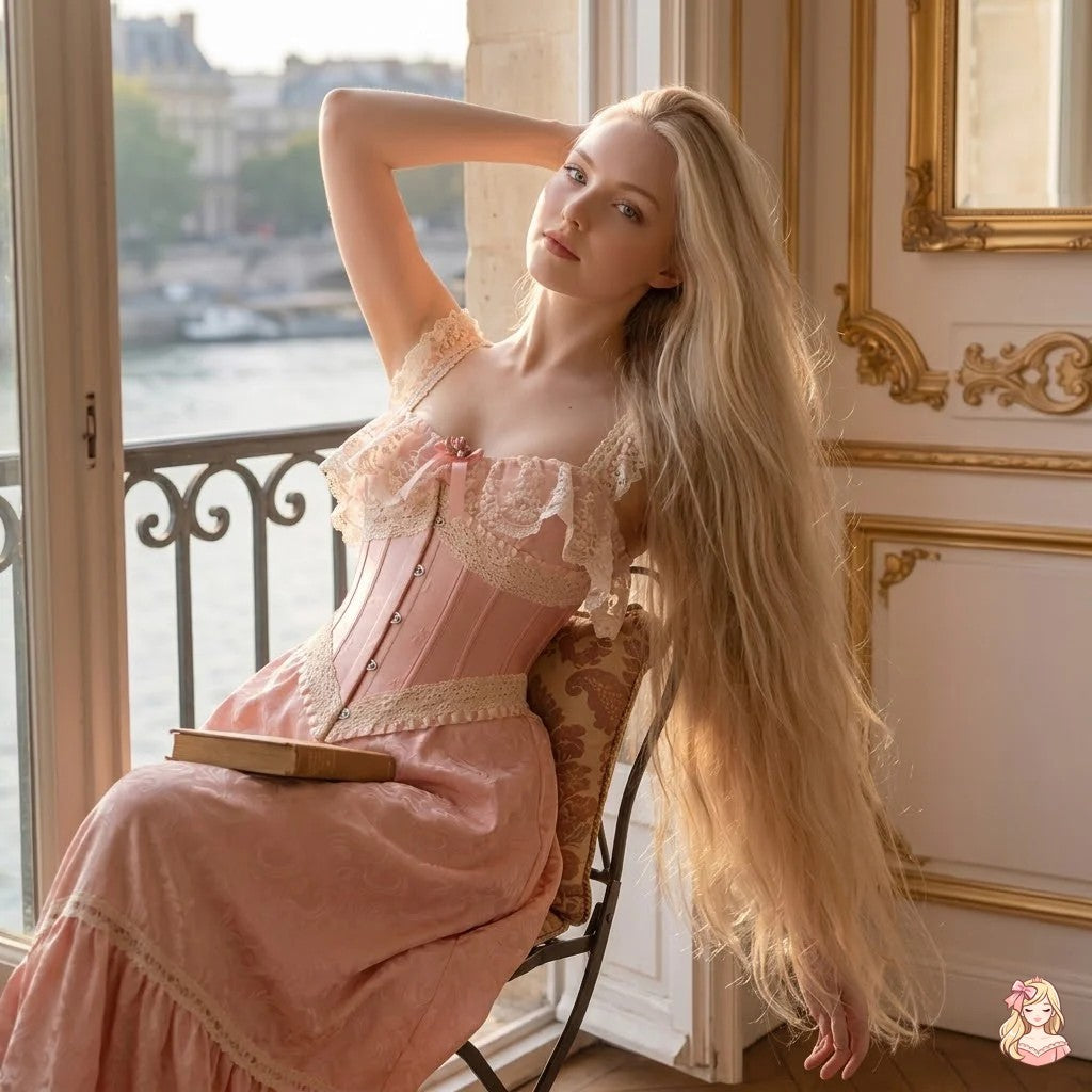 Woman in a pink dress sitting on a chair by a window with a scenic view.