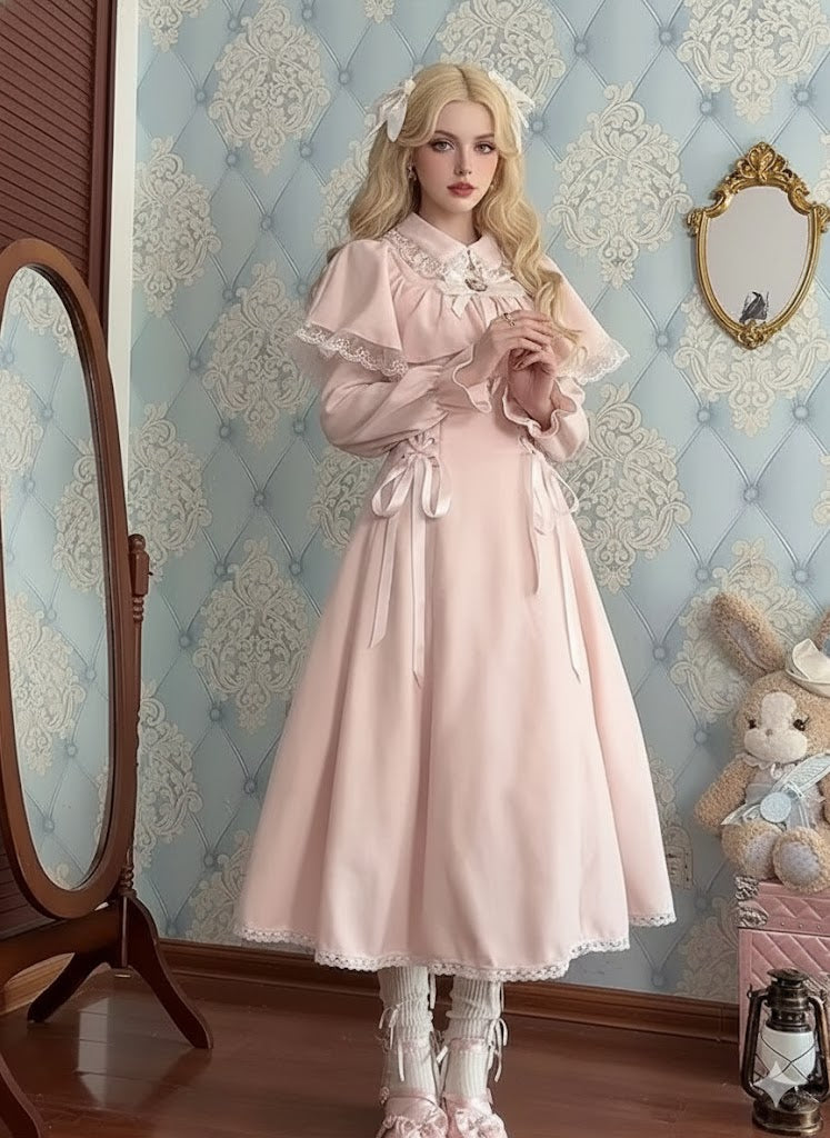 French Elegant Sweet Princess Dress Lolita Parisian Lace Bandage Dress Autumn New French Gothica Fashion Vitnage Midi Dress