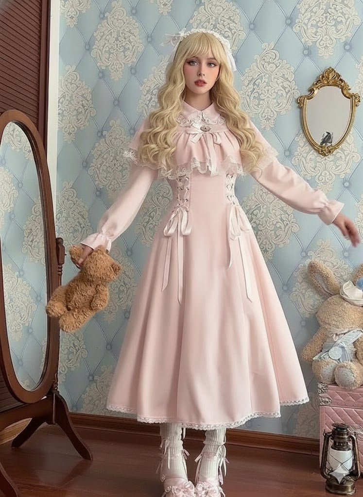 French Elegant Sweet Princess Dress Lolita Parisian Lace Bandage Dress Autumn New French Gothica Fashion Vitnage Midi Dress