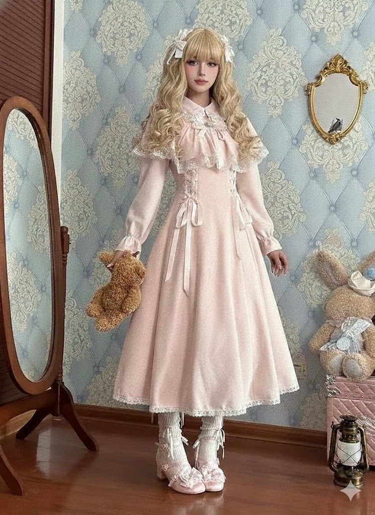 French Elegant Sweet Princess Dress Lolita Parisian Lace Bandage Dress Autumn New French Gothica Fashion Vitnage Midi Dress