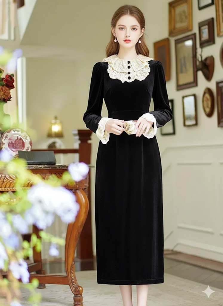 Gothica Parisian Black Velvet Dress Vintage Victorian Style Lace Ruffles Collar Flare Sleeve Elegant Lady Midi Dresses Woman